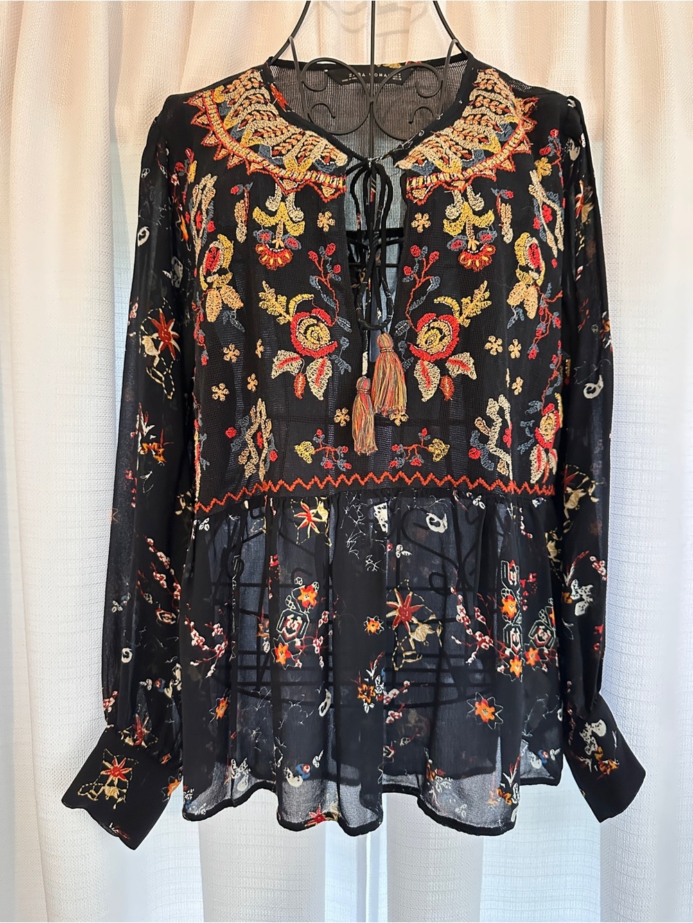 ZARA Black Boho Peasant Embroidered Floral Blouse with Tassel Tie - Picture 3 of 9